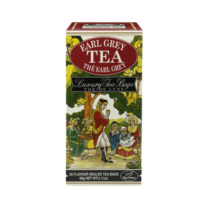 Earl Grey tea box with colorful vintage illustration and luxury tea bags label, 60g pack