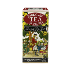 Earl Grey tea box with colorful vintage illustration and luxury tea bags label, 60g pack