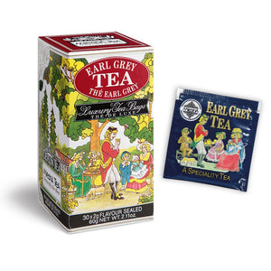 Earl Grey tea box with vintage illustration and individual foil tea bag pack, 60g.