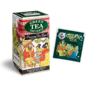 Green tea deluxe box with Asian art, single sealed green tea bag beside it