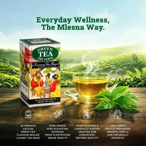 Box of green tea bags with a steaming glass cup, tea leaves, and plantation background