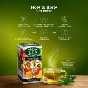 Green tea box and glass cup with tea bag, brewing instructions on green background