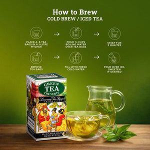 Green tea box with iced tea in a glass cup and pitcher, fresh tea leaves, and cold brew brewing instructions on a green background.