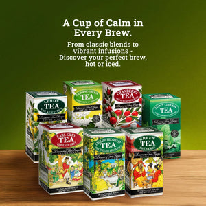 Assorted luxury tea boxes including green tea, lemon, mint, jasmine, cranberry, earl grey, and English breakfast displayed on wooden surface.