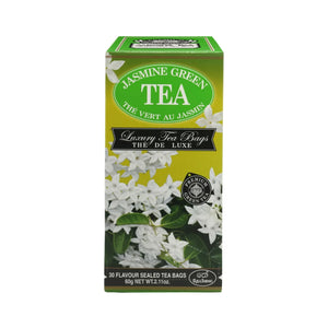 Box of jasmine green tea luxury tea bags with white jasmine flowers on packaging