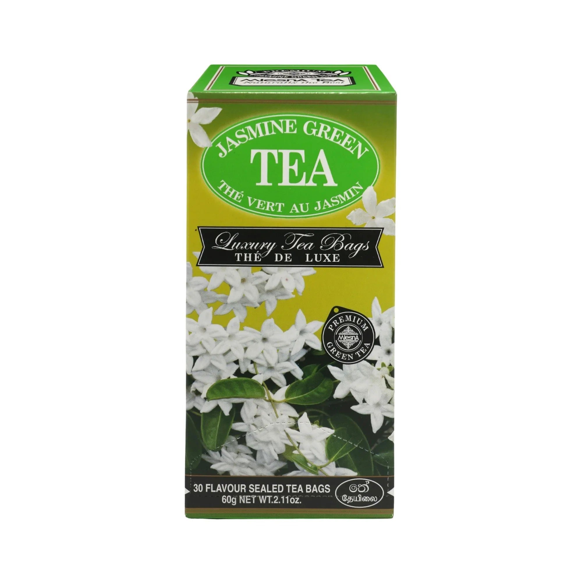 Box of jasmine green tea luxury tea bags with white jasmine flowers on packaging