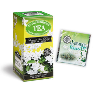 Jasmine green tea boxed packaging with tea bag sachet, white jasmine flowers, and green leaves.