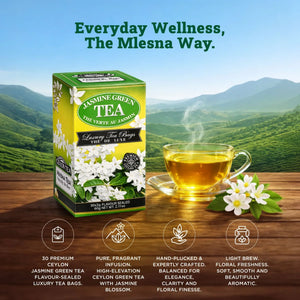 Jasmine green tea box with floral design, clear teacup, jasmine blossoms, and lush green landscape.