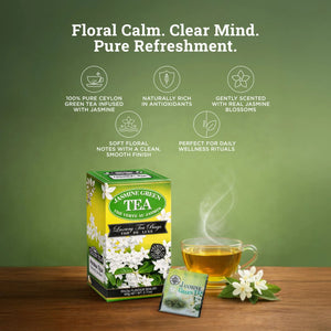 Jasmine green tea box with tea bag, steaming cup, and white jasmine flowers on wooden surface
