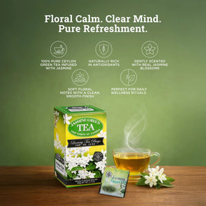 Jasmine green tea box with tea bag, steaming cup, and white jasmine flowers on wooden surface
