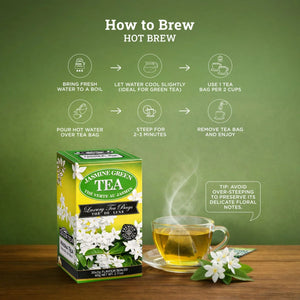Jasmine green tea box with brewing instructions, glass cup of tea, and fresh jasmine flowers