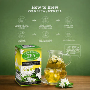 Jasmine green tea box with glass pitcher and cup of iced jasmine tea, white flowers, and brewing instructions on green background.