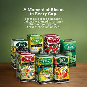 Assorted luxury tea boxes including jasmine green, lemon, cranberry, mint, earl grey, English breakfast, and green tea on a wooden table with a green background.