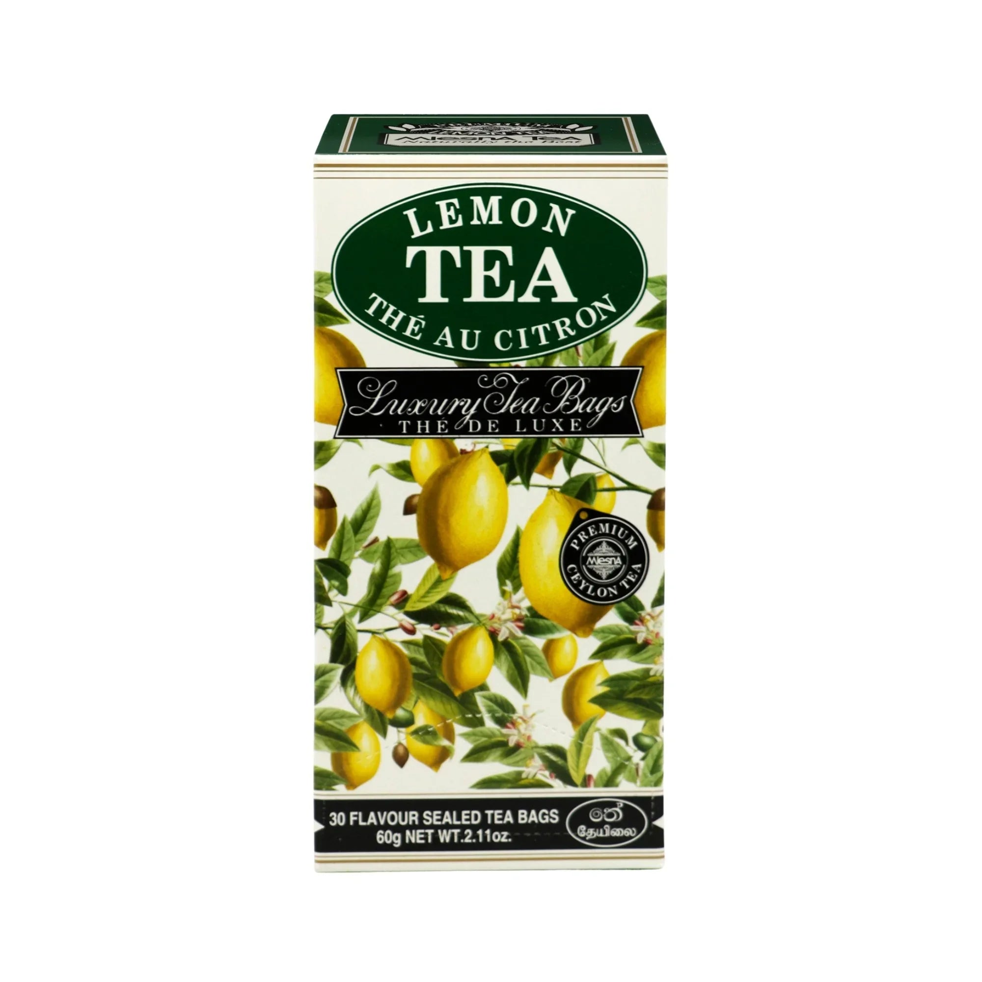 Box of lemon tea bags with lemon graphics and premium Ceylon tea label, 60g pack
