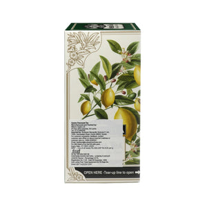 Box of lemon tea with illustrated lemons and green leaves on the packaging