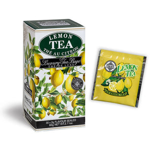Box and sachet of lemon tea with fresh lemon illustrations and green accents