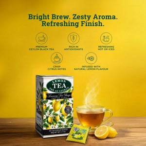Box of lemon tea bags with a glass cup of brewed lemon tea, sliced lemon, and tea sachet on a wooden surface, yellow background with text highlights.