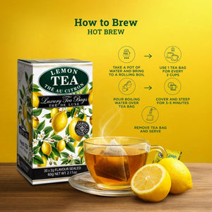 Lemon tea box with cup of hot lemon tea, tea bag, and fresh lemons on wooden surface.