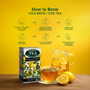Lemon tea box, glass of iced lemon tea, pitcher with lemon slices, and brewing instructions.