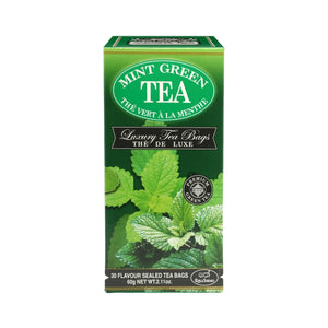 Mint green tea box with fresh mint leaves, 30 sealed luxury tea bags, 60g.