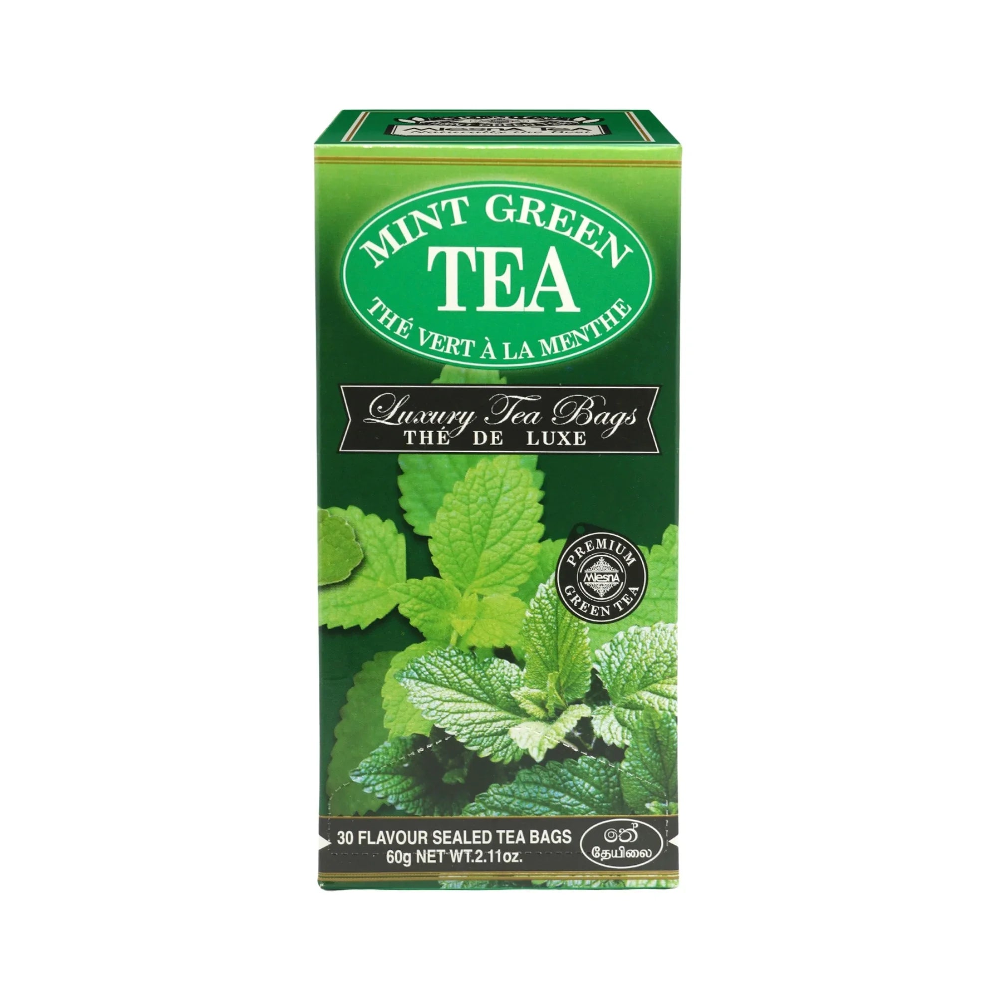 Mint green tea box with fresh mint leaves, 30 sealed luxury tea bags, 60g.