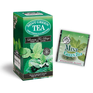 Mint green tea box and sachet with mint leaves, luxury tea bags, Moroccan blend packaging