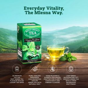 Mint green tea box with tea cup, fresh mint leaves, and lush tea fields background