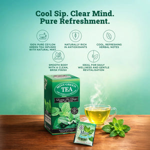 Box of mint green tea with tea bag, glass cup of brewed green tea, and fresh mint leaves on wooden surface