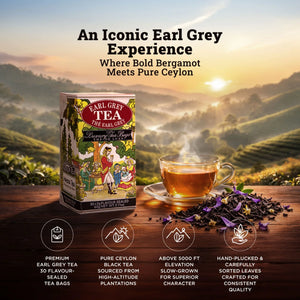 Box of Earl Grey tea, steaming tea cup, and loose tea leaves on a wooden table with a scenic sunrise over tea plantations in the background.
