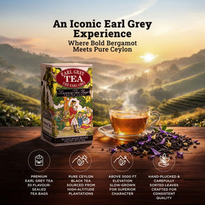 Box of Earl Grey tea, steaming tea cup, and loose tea leaves on a wooden table with a scenic sunrise over tea plantations in the background.