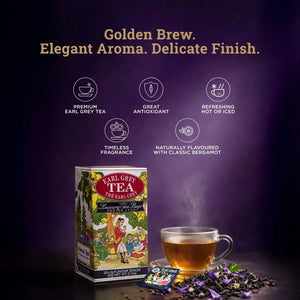 Box of Earl Grey tea bags with a glass cup of brewed tea, loose tea leaves, and steam rising, highlighting premium blend and bergamot flavor.