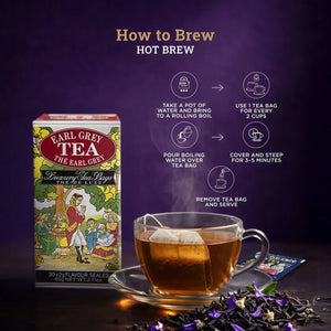 Earl Grey tea box with a glass cup of brewed tea, brewing instructions, and loose tea leaves