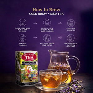 Earl Grey tea box, glass pitcher, and iced tea cup with brewing instructions on a purple background