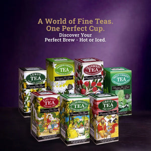 Assorted flavored tea boxes including Earl Grey, Lemon, Mint, Green, Jasmine, Cranberry tea on display