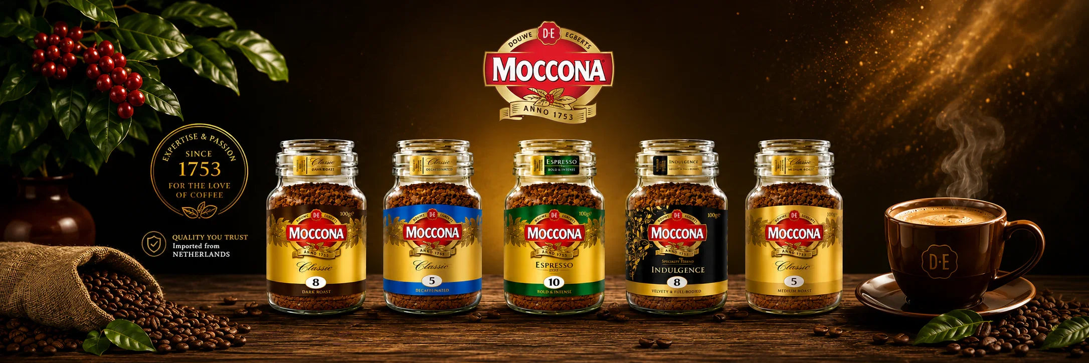 Moccona instant coffee jars with rich roast varieties, steaming cup, and coffee beans on rustic wood