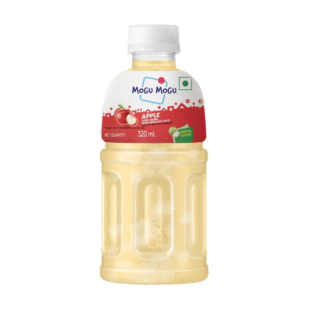 Mogu Mogu apple juice drink with nata de coco in 320ml plastic bottle with condensation