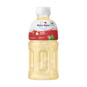 Mogu Mogu apple juice drink with nata de coco in 320ml plastic bottle with condensation