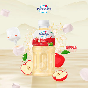 Mogu Mogu apple juice drink with nata de coco in 320ml bottle with apple illustrations and splashing beverage