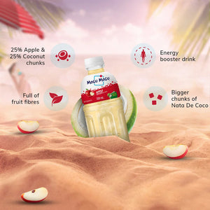 Mogu Mogu Apple nata de coco drink bottle on sand with apple and coconut graphics