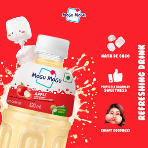 Mogu Mogu apple juice drink bottle with nata de coco on red background highlighting refreshment and chewy goodness