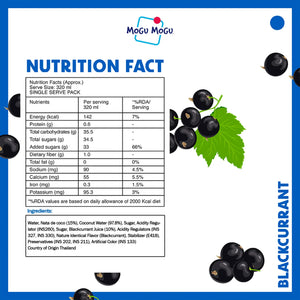 Mogu Mogu Blackcurrant nutrition facts label with blackcurrant fruit illustrations.
