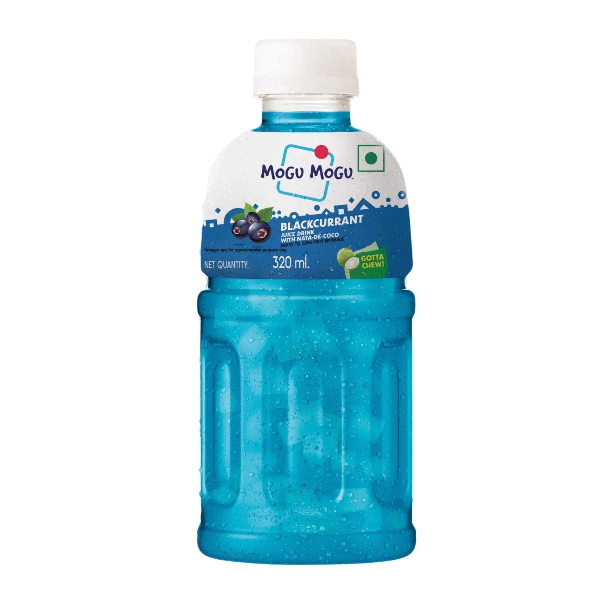 Mogu Mogu Blackcurrant juice drink bottle with nata de coco, 320ml, blue liquid, white cap