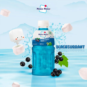 Mogu Mogu blackcurrant juice drink bottle with splashing water, blackcurrants, and ice cubes