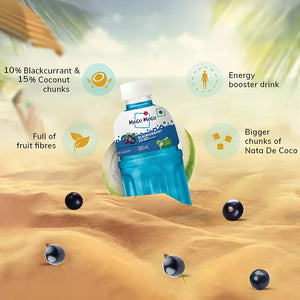 Mogu Mogu Blackcurrant drink bottle on sand with blackcurrant berries and coconut background