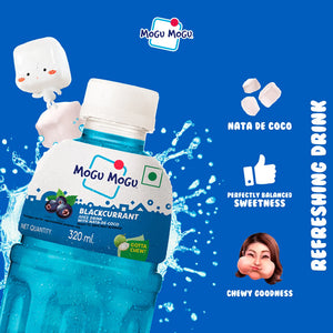 Mogu Mogu Blackcurrant juice drink with nata de coco, splash background, and chewy goodness text