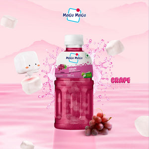 Mogu Mogu grape juice drink bottle with nata de coco cubes and fresh grapes on pink background