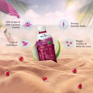 Mogu Mogu grape drink bottle on sand with coconuts and grapes, highlighting fruit fibers and nata de coco chunks