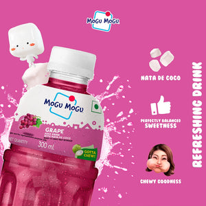 Mogu Mogu grape juice drink bottle with nata de coco chunks on pink background, refreshing beverage