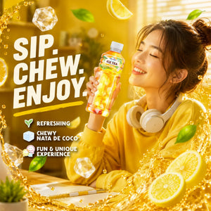 Woman enjoying refreshing iced tea with chewy nata de coco, lemon slices, and ice cubes for a fun, unique sip-chew experience