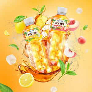 Mogu Mogu Ice Tea bottles with lemon & peach flavors, nata de coco, ice cubes, and fruit splashes on vibrant yellow background